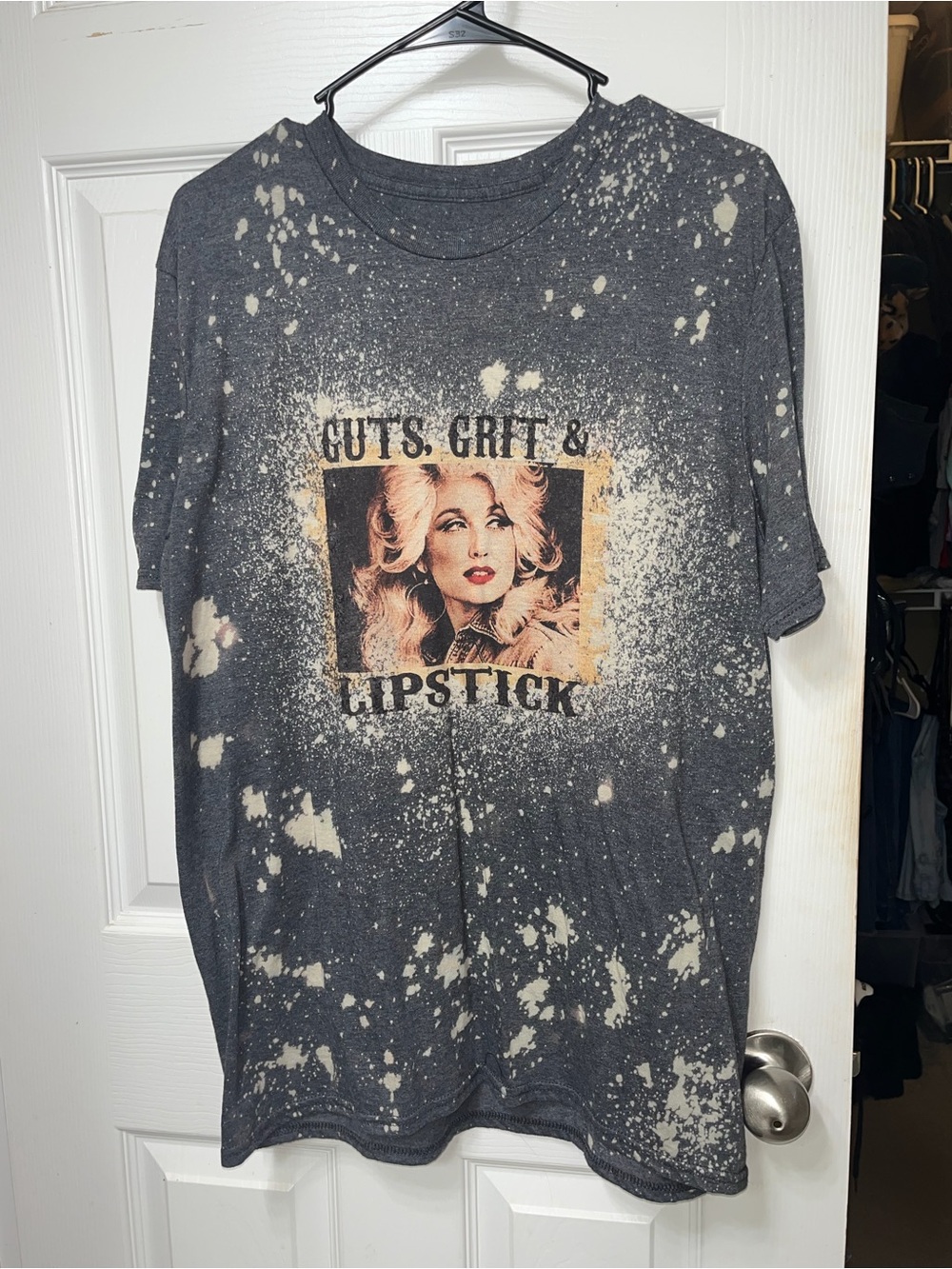 Dolly Parton Graphic Tee "Guts, Grit & Lipstick" - gray with Bleach Splatter